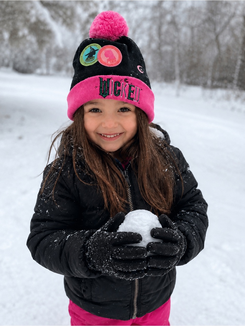 Wicked Kids Pom Pom Beanie Hat - Black & Hot Pink and gloves